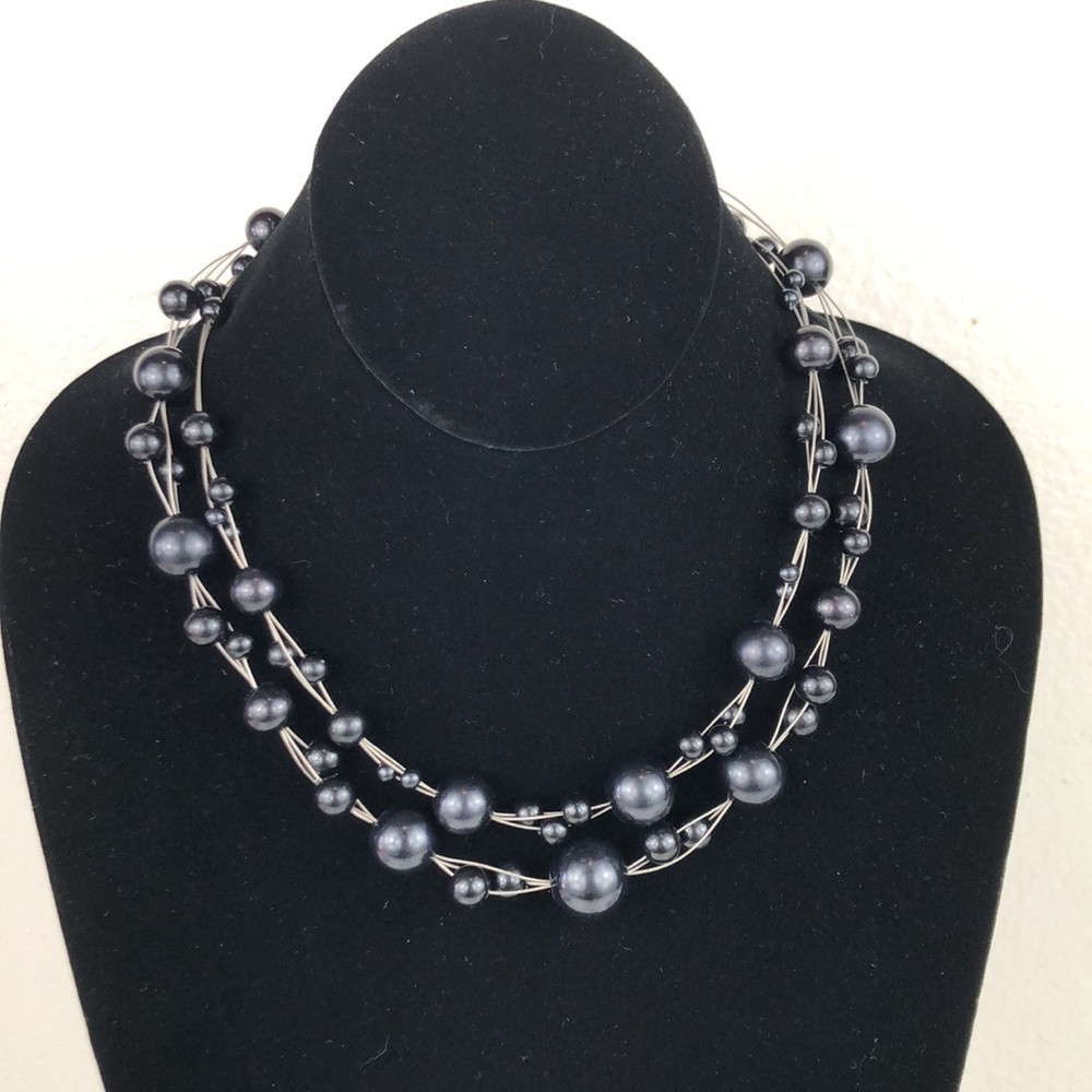 Double Strand Necklace Black Beaded Choker Faux Pearl Metal Wire
